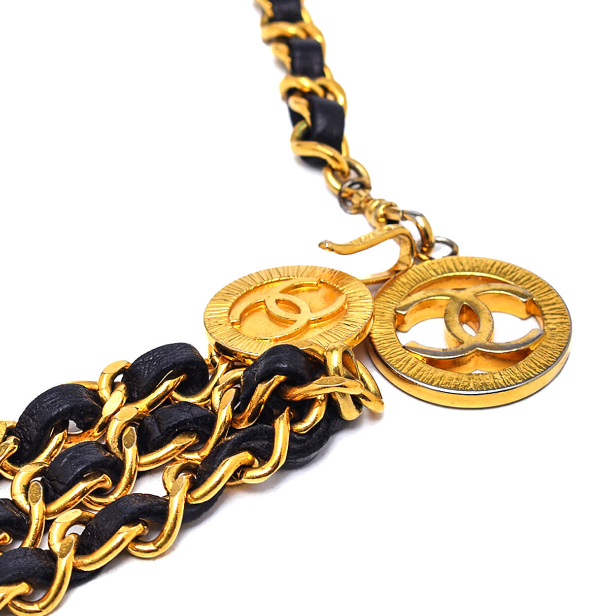 Chanel - Vintage Black Leather & Gold Chain Belt w Madallion Logo Charm